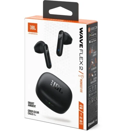 JBL Wave Flex 2 Auriculares Bluetooth Inalámbricos con Estuche de Carga, Sonido Pure Bass, Autonomía 40h, IP54, Negros, Modelo JBLWFLEX2BLK